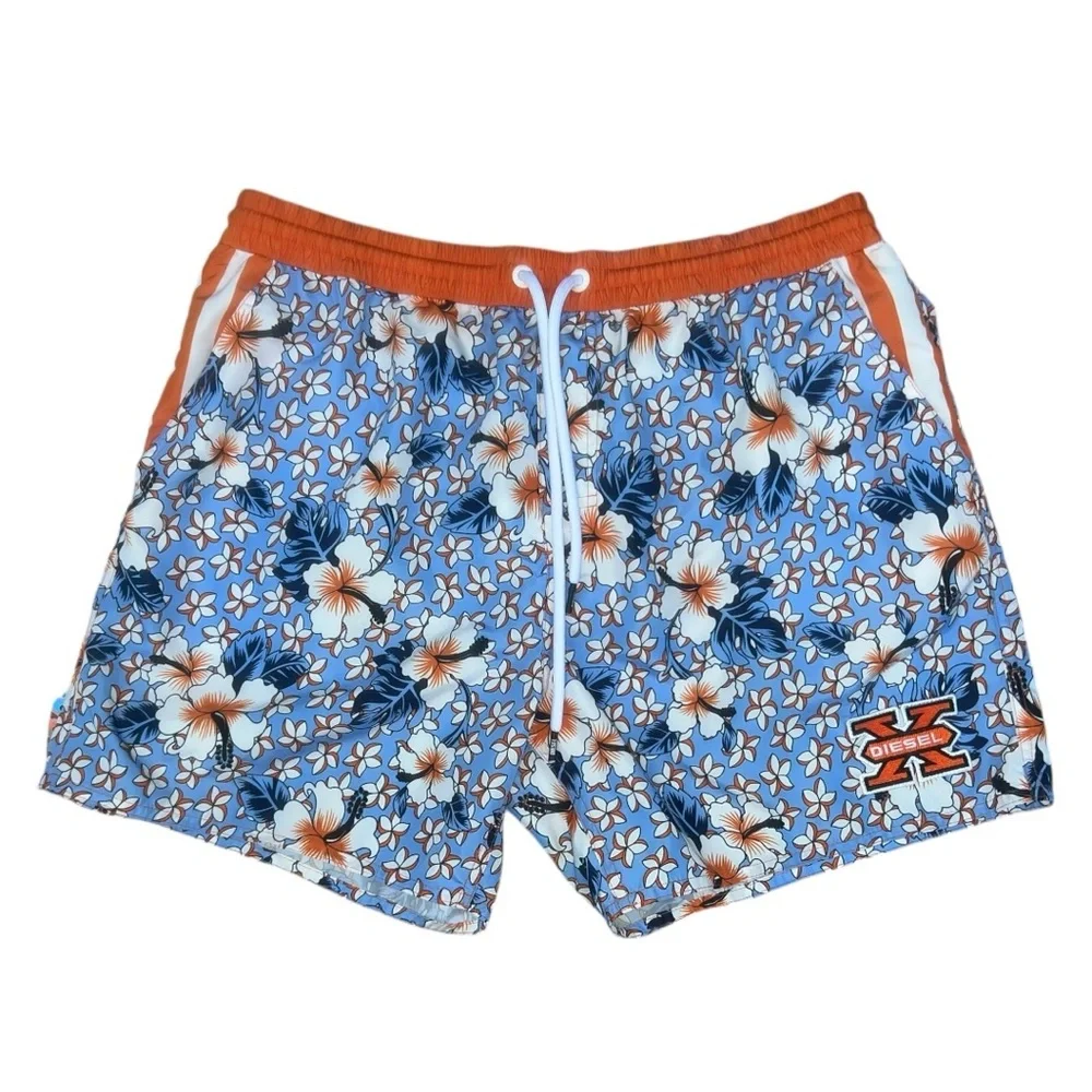 Diesel Men’s XL Floral Hibiscus Swim Trunks‎ Blue Orange XX Patch Y2K